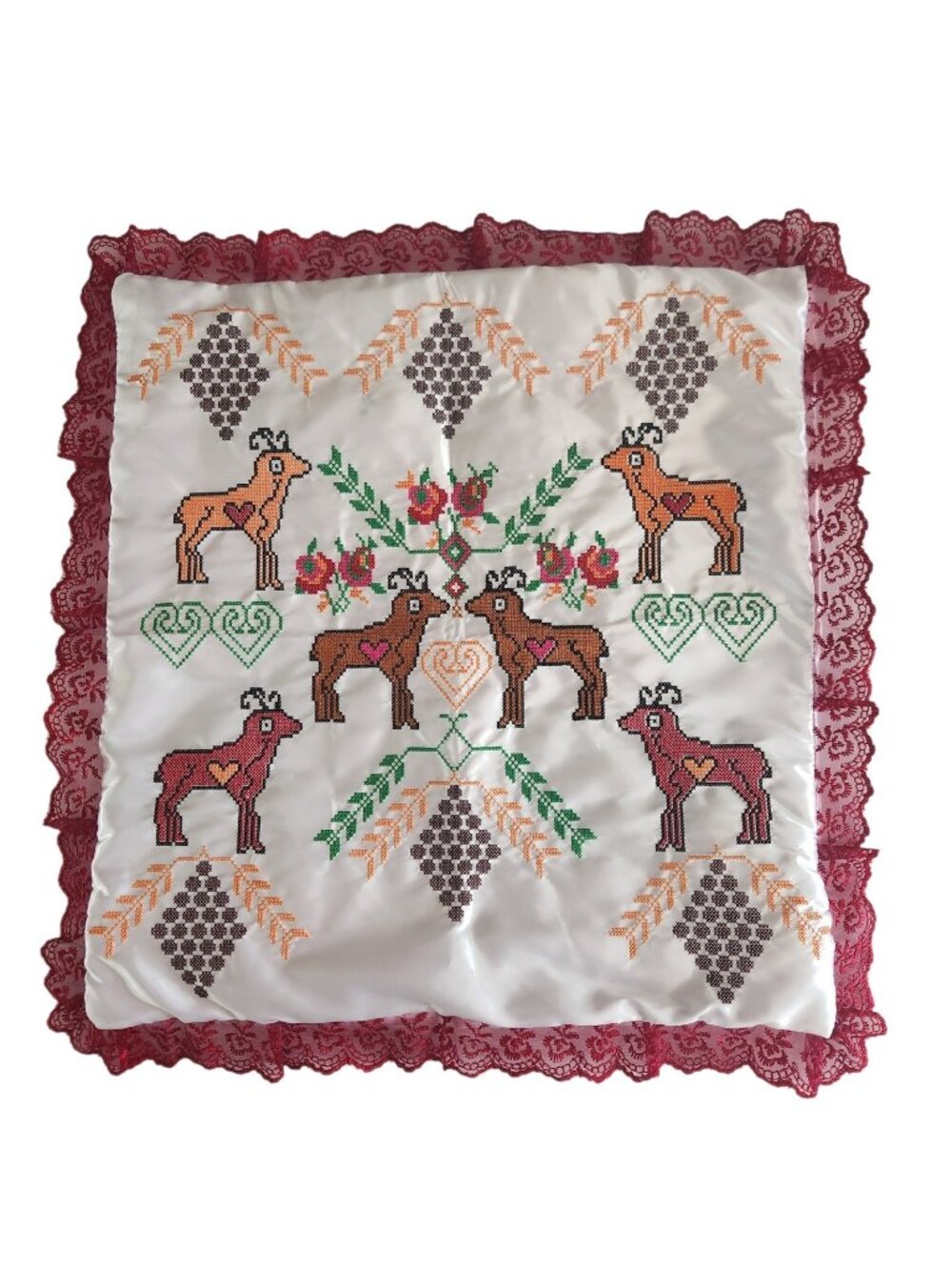 Artisan Handmade Embroidered Slavic Folk Pillow Cover Cottagecore White Satin